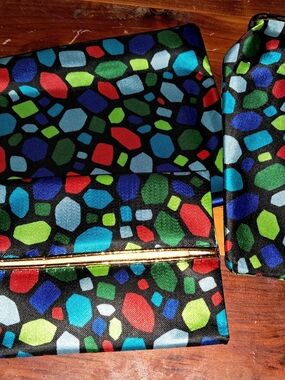 Colorful Gemstone Print Clutch and Pouch - Black Multi